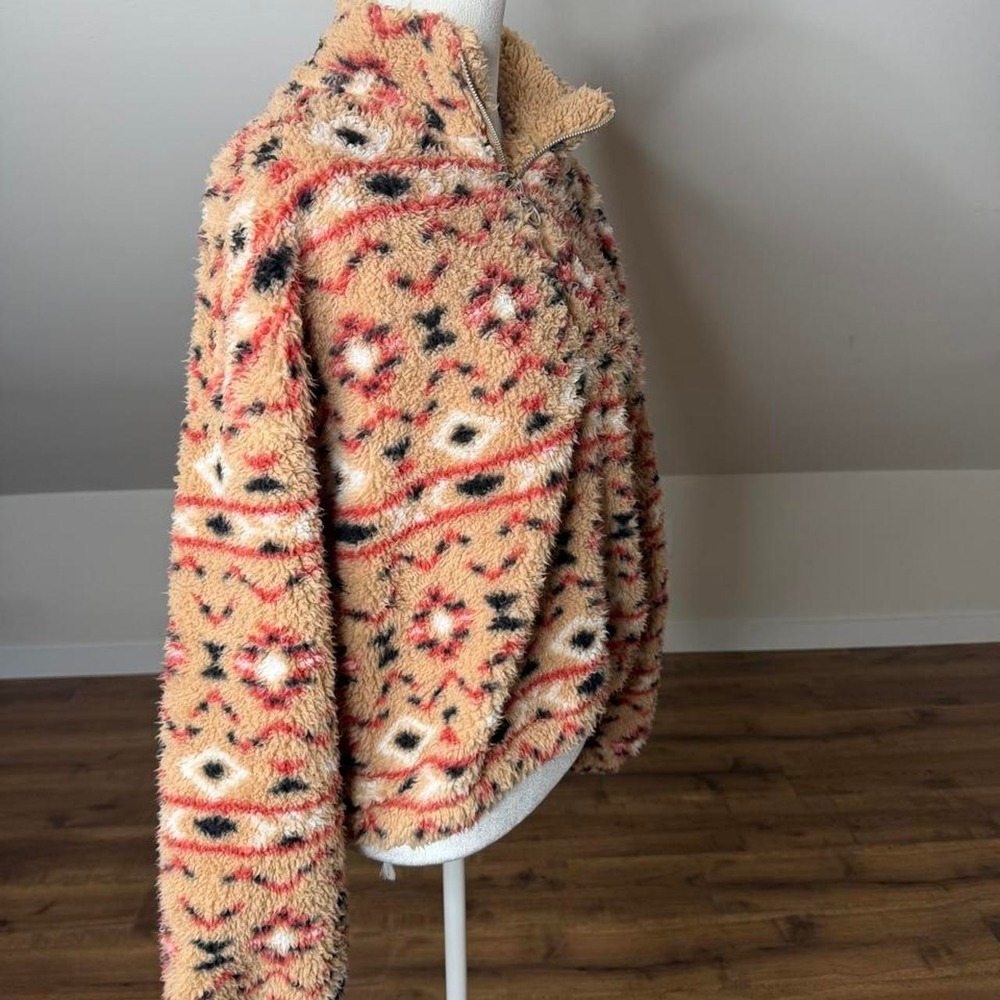 Love Tree Boho Aztec Sherpa Fleece Quarter Zip Pullover Jacket Size Large